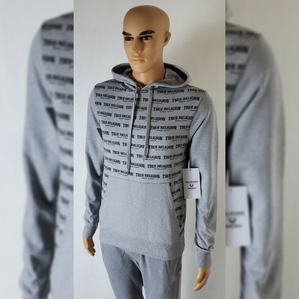 TRUE RELIGION LOUNGEWEAR HODDIE MEN ALLOVER PRINT SCRIPT REPEAT LOGO SIZE S GREY - Picture 1 of 11